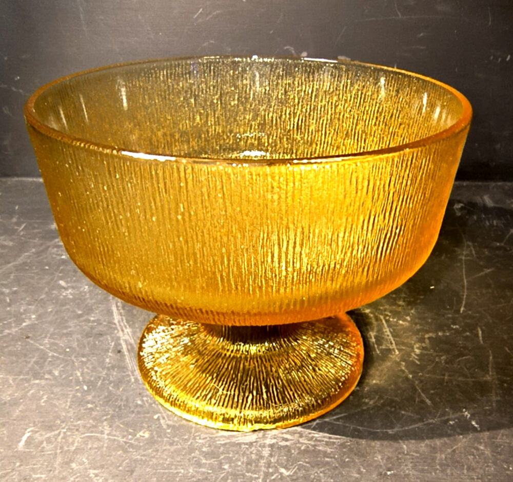 2044.  Vintage MCM Amber Glass Pedestal Compote Tree Bark Texture